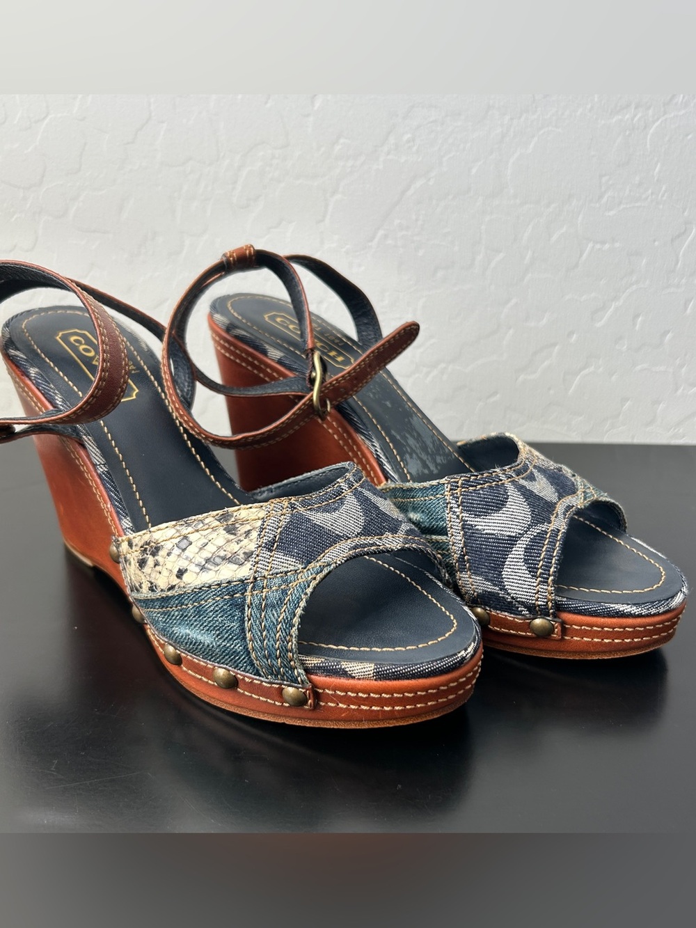 Coach Lynda Denim and Snakskin Patchwork Wedge